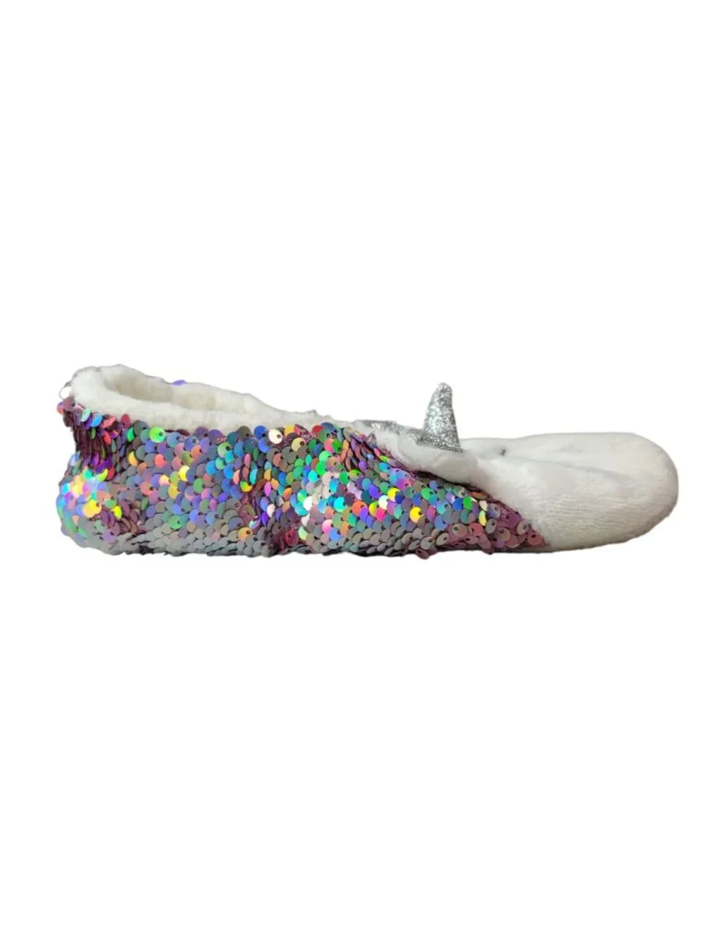 Target Unicorn Sequin Grippers Slippers White Faux Sherpa Silver Booties READ